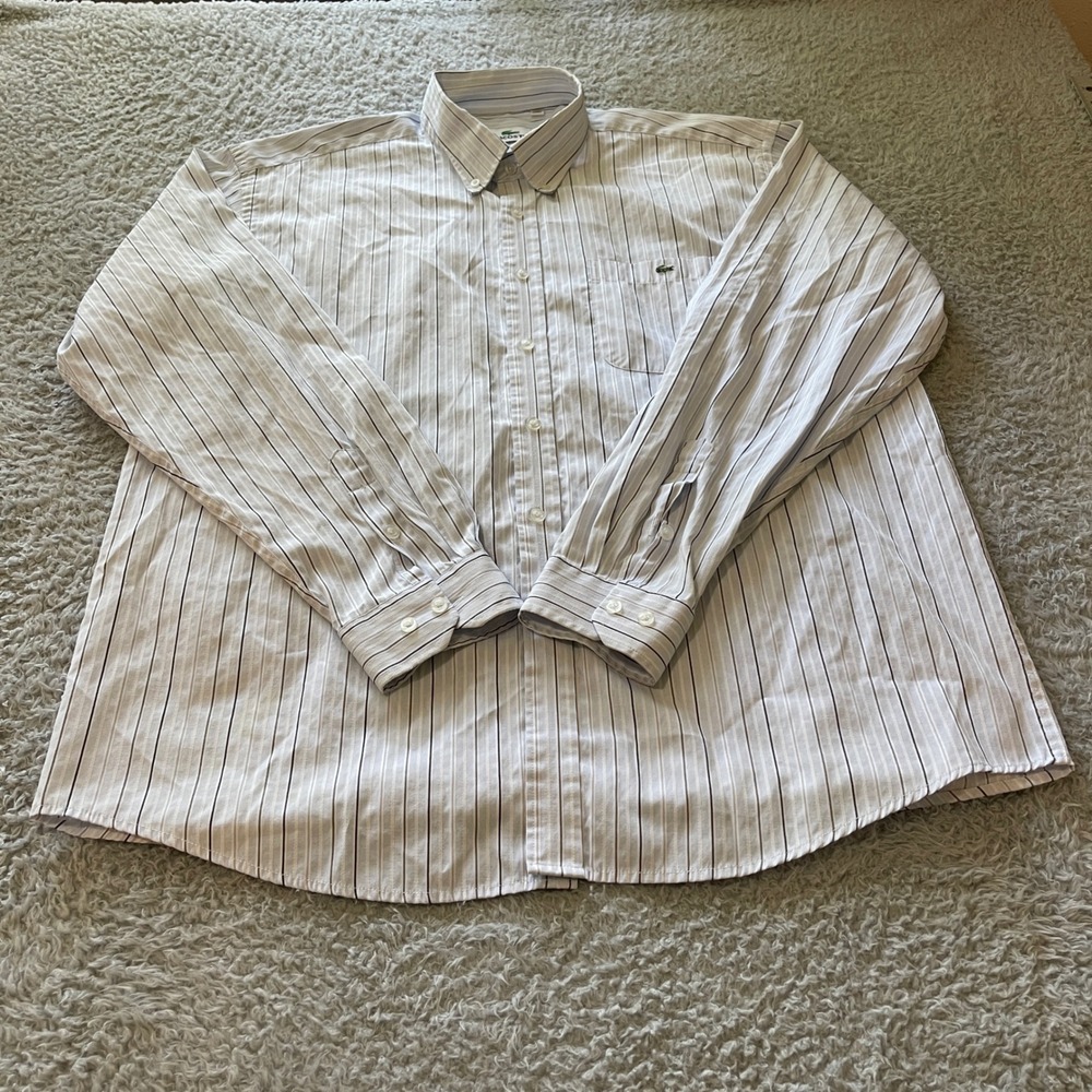 Lacoste Mens XXL Striped Button Down Shirt White Blue Long Sleeve Logo Pocket